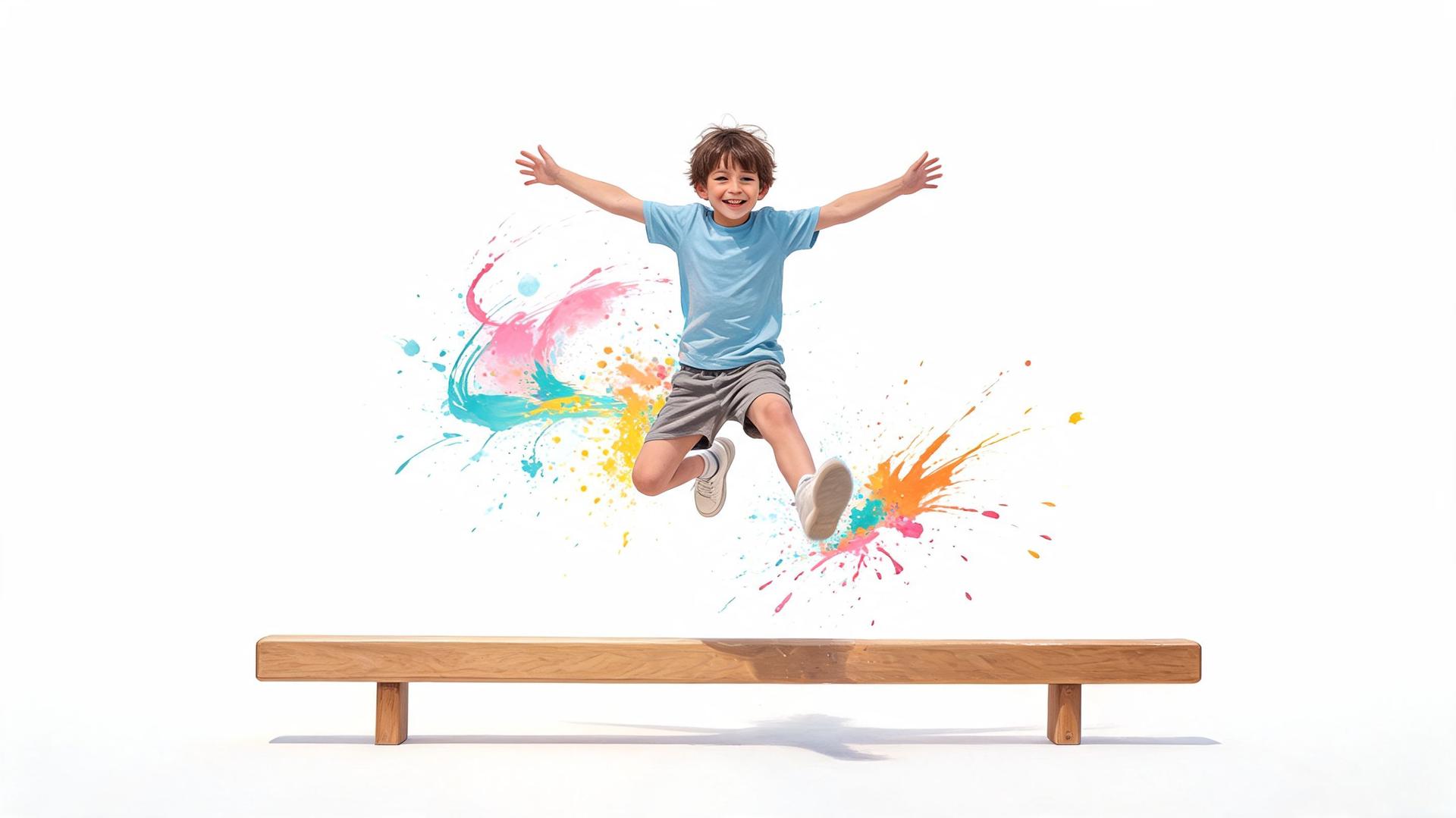 Un jeune garçon joyeux sautant par-dessus un banc en bois devant un fond blanc avec des éclaboussures colorées.