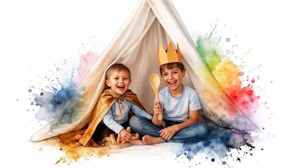 Deux garçons heureux jouent dans une tente avec des costumes et un arrière-plan aquarelle coloré.