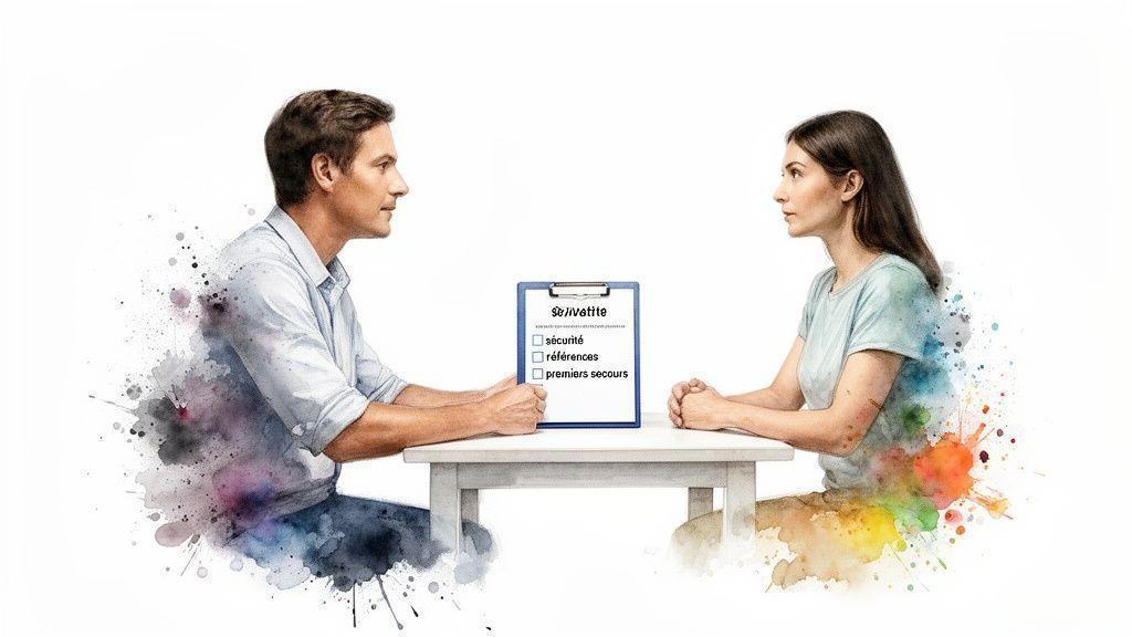 Illustration de deux personnes face à face avec une liste de contrôle sur la sécurité, les références et les premiers secours.