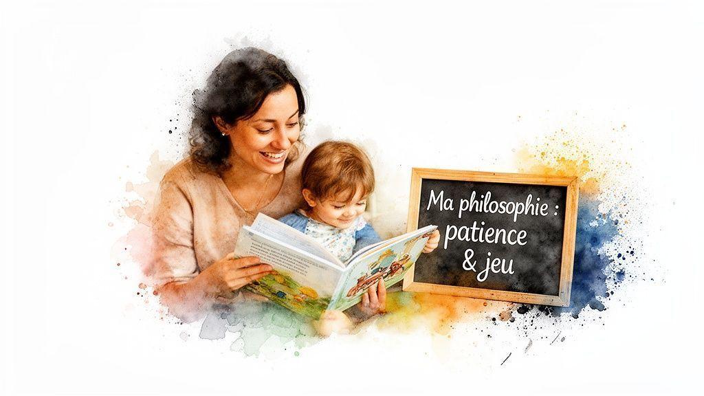 Une femme souriante et un enfant lisent un livre ensemble, avec un tableau noir indiquant