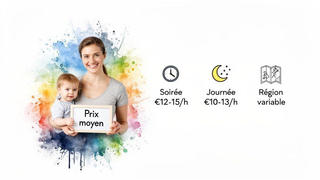 Femme souriante tenant un bébé et une pancarte