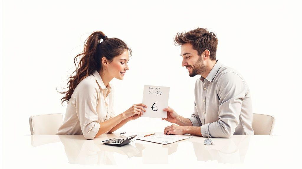 Un homme et une femme souriants discutent de finances avec un symbole euro sur un papier, assis à une table.