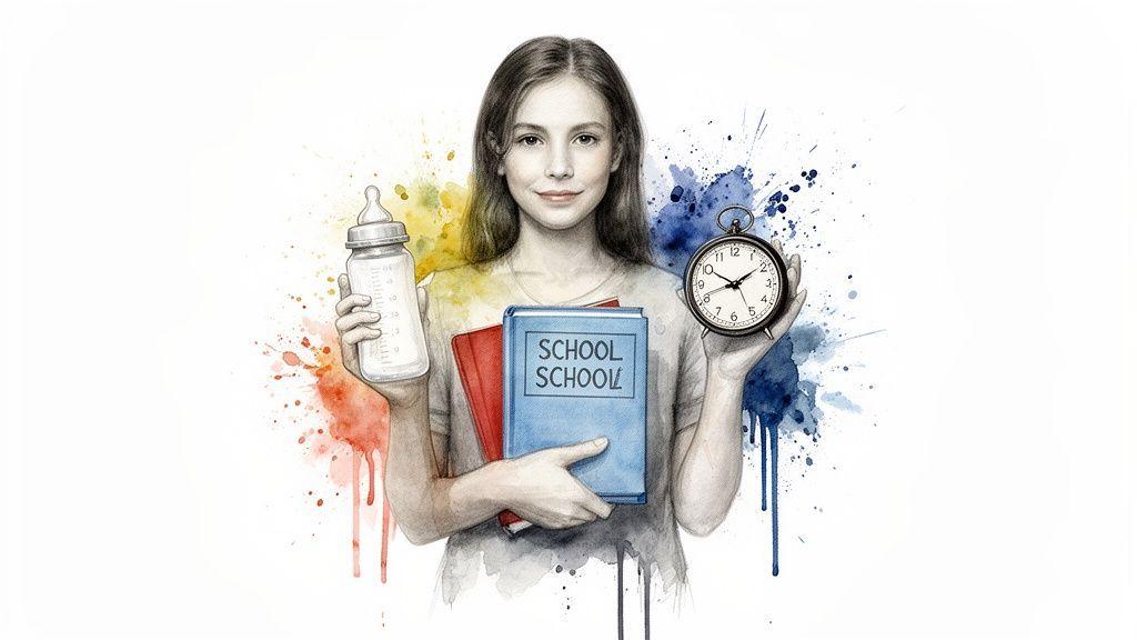 Une jeune femme tient un biberon, des livres « SCHOOL » et un réveil, symbolisant l