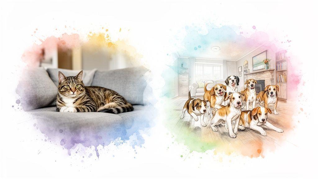 Un chat tigré sur un canapé et un groupe de chiens dans un salon, avec des éclaboussures d