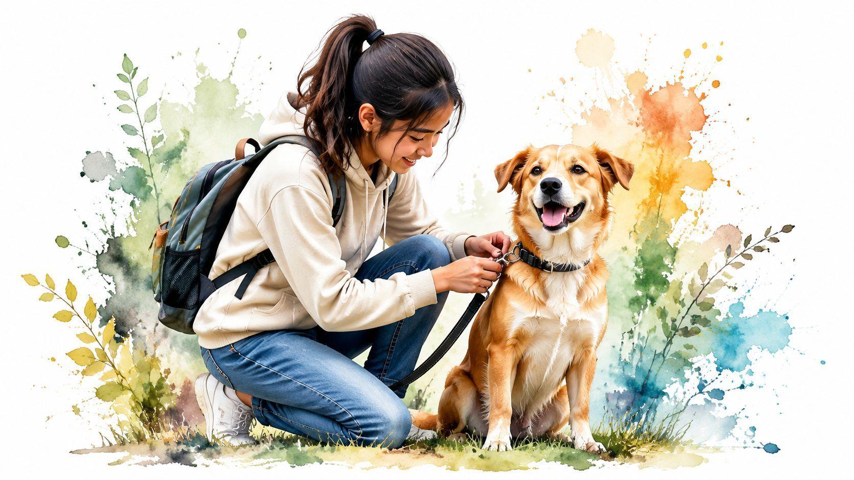 Une jeune femme souriante accroupie dehors attachant la laisse à son chien sur un fond aquarelle artistique.