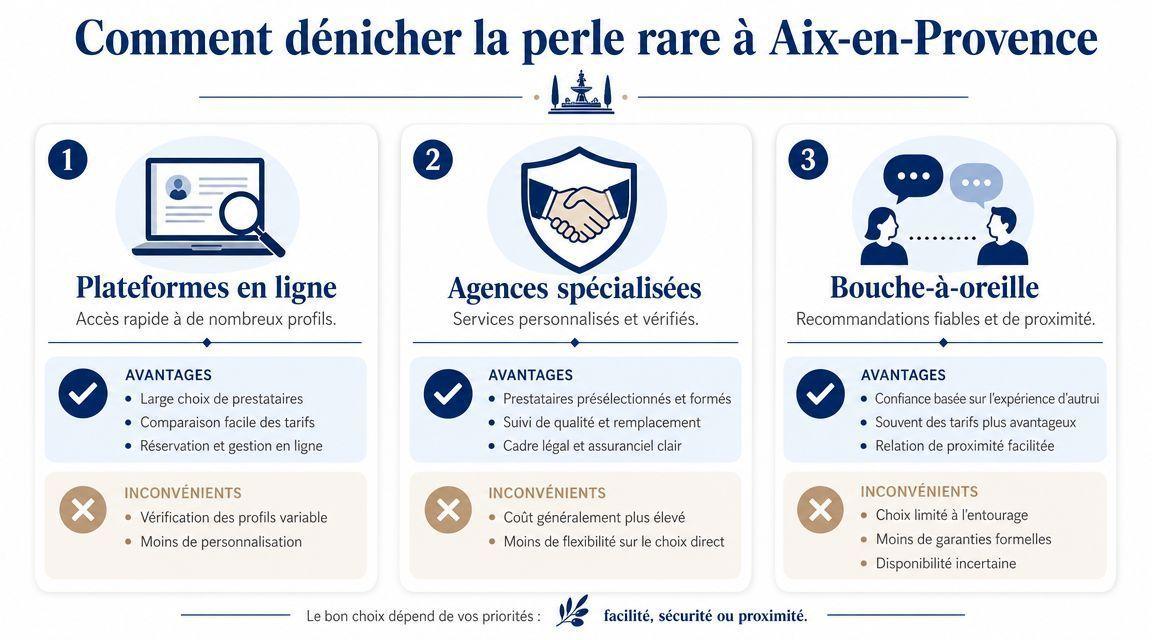 Infographie montrant trois méthodes pour trouver un prestataire de services à Aix-en-Provence : plateformes, agences ou bouche-à-oreille.