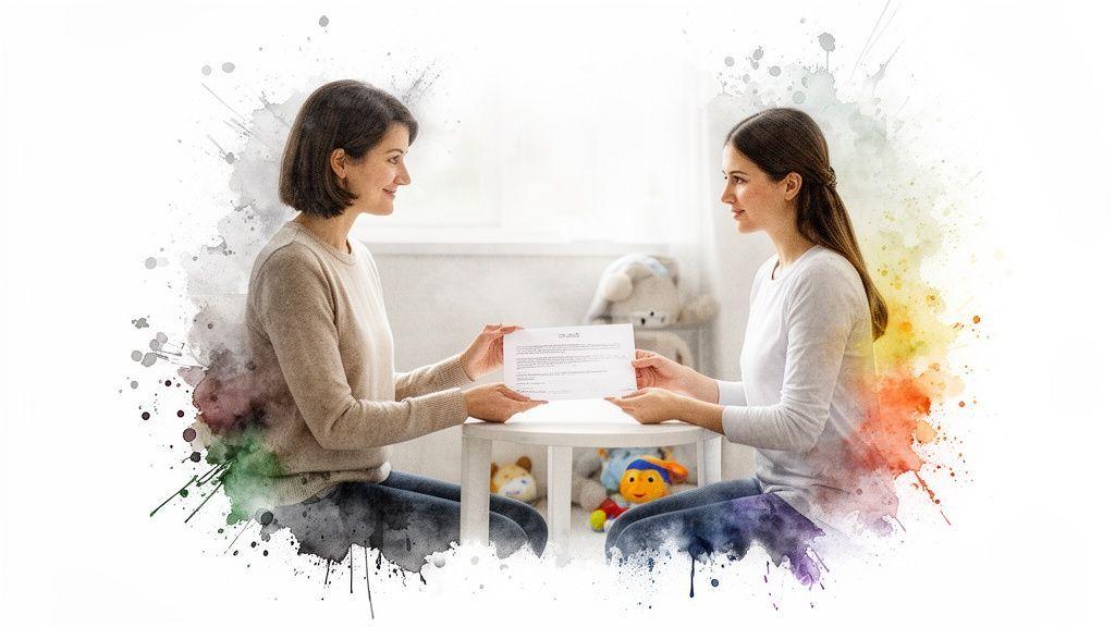 Deux femmes échangent une lettre importante dans un cadre lumineux, peut-être concernant une nounou.