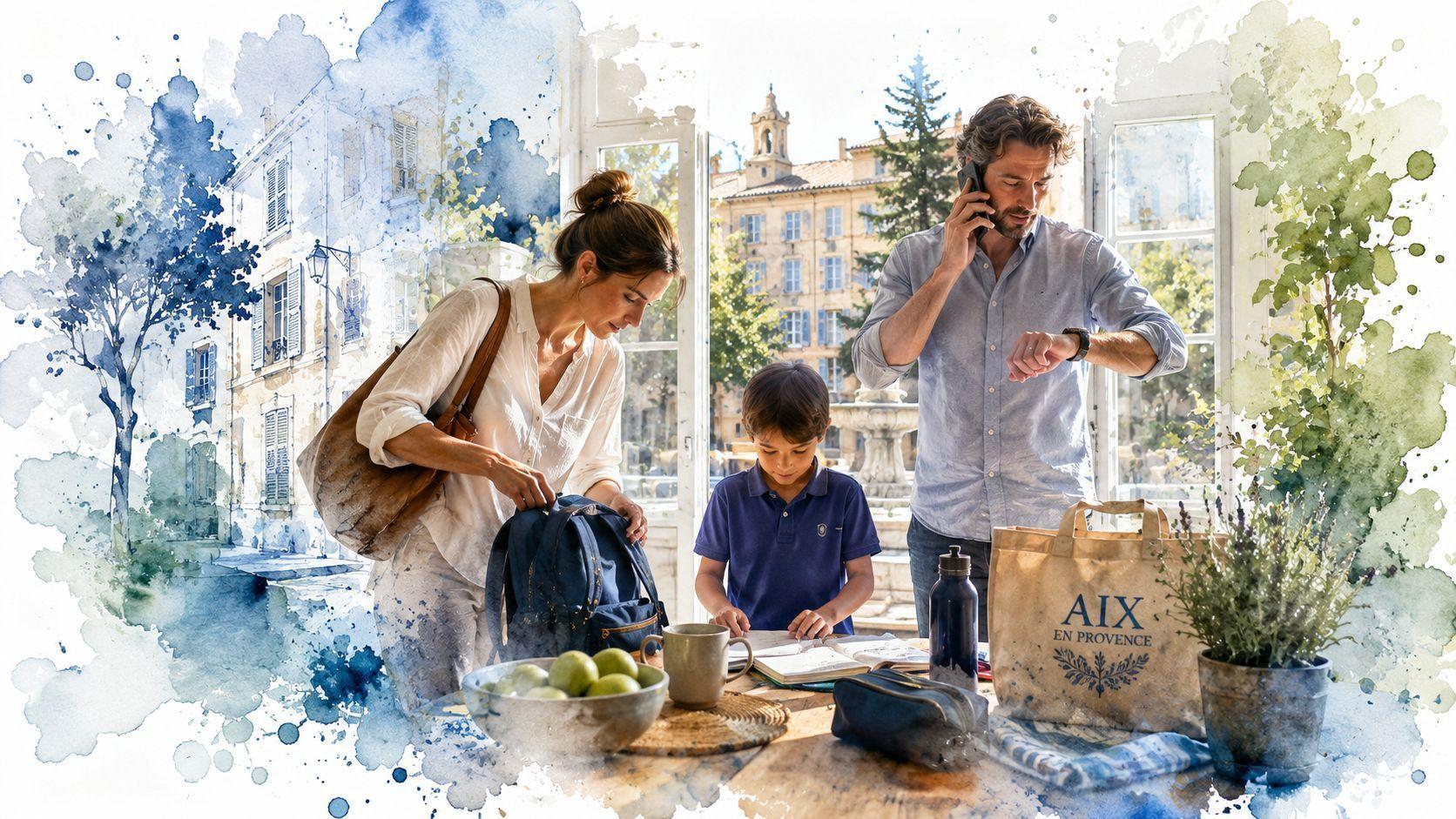 Une famille dynamique se prépare pour une journée à Aix-en-Provence dans leur maison ensoleillée.