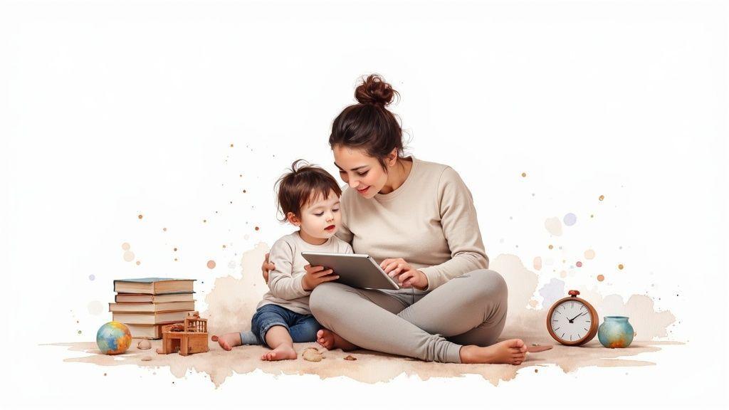 Mère et enfant souriants regardant une tablette, entourés de livres et d