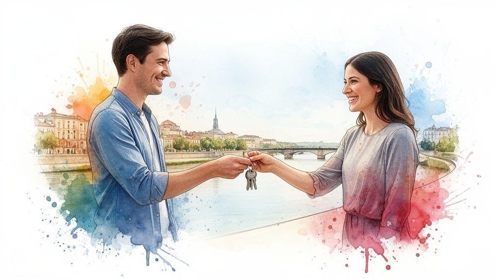 Un homme et une femme souriants échangent des clés, devant un paysage urbain avec rivière, dans un style aquarelle.