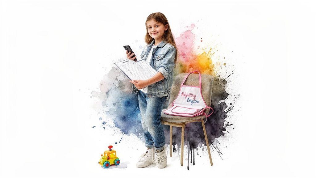 Une jeune fille souriante tient un téléphone et une liste, prête pour le babysitting, avec un tablier et un jouet.