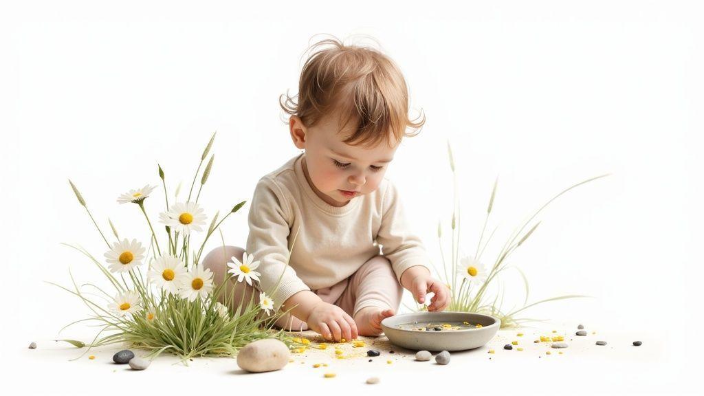 Un bébé joue avec des petites fleurs et de l