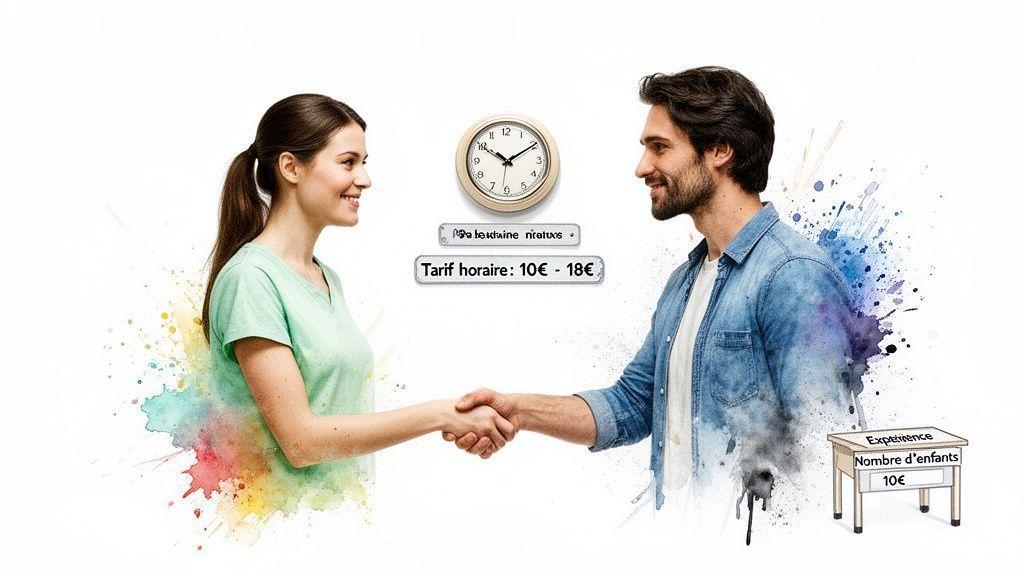 Image montrant deux personnes se serrant la main, avec une horloge et les tarifs horaires pour des services de garde d