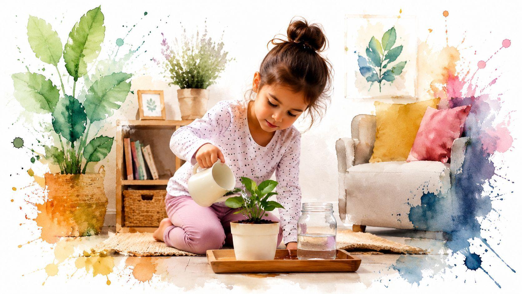 Une jeune fille aux cheveux attachés arrose délicatement une plante verte dans un cadre de vie Montessori.