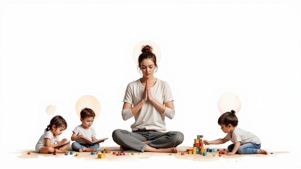 Une femme médite calmement en tailleur, entourée de trois enfants qui lisent et jouent avec des blocs.