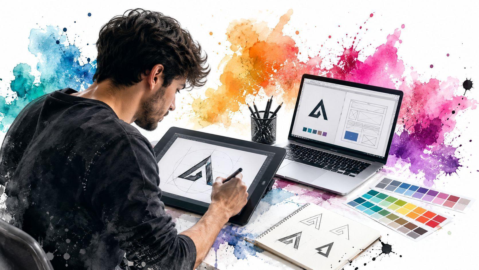 Un graphiste travaillant sur une tablette numérique avec des croquis de logos et des palettes de couleurs.