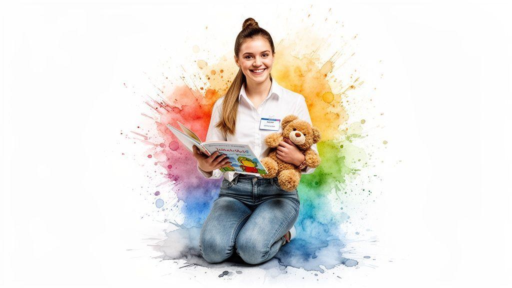 Jeune femme souriante en chemise blanche, lisant un livre d