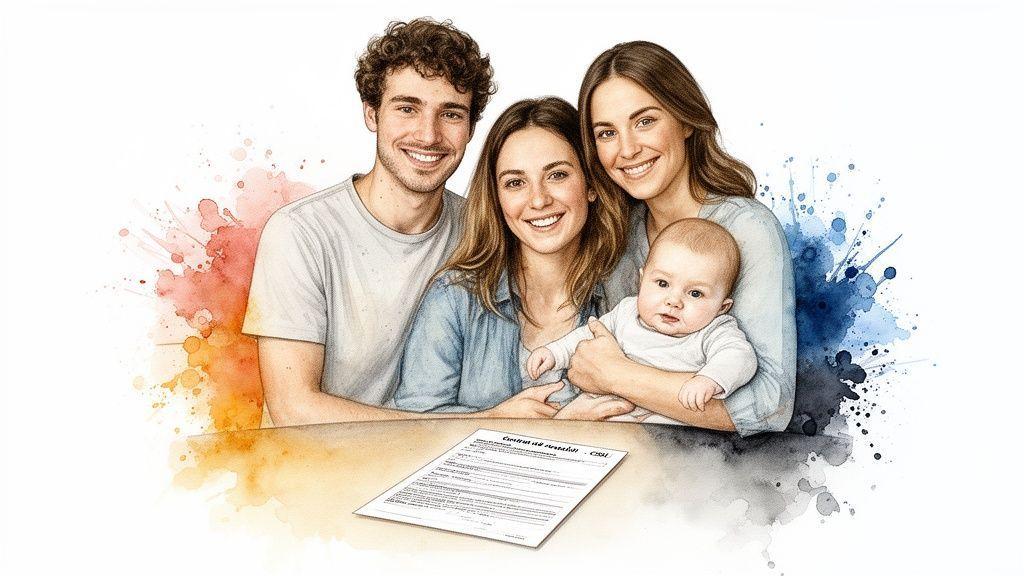 Une famille souriante avec un jeune bébé pose devant un document, sur un fond d
