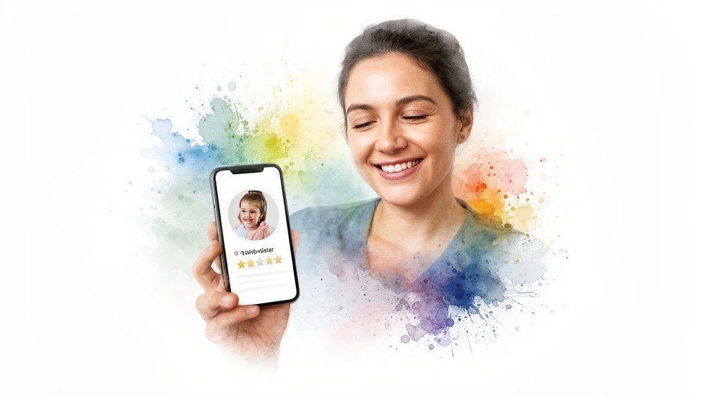 Une femme souriante regarde un téléphone affichant le profil d