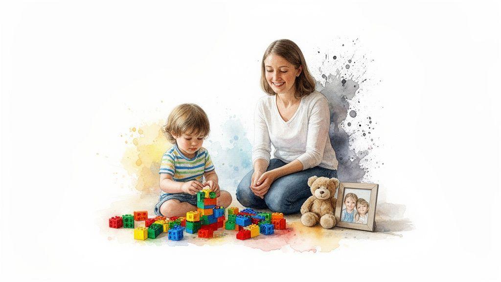 Une femme et un enfant jouent avec des blocs de construction colorés dans un style aquarelle.