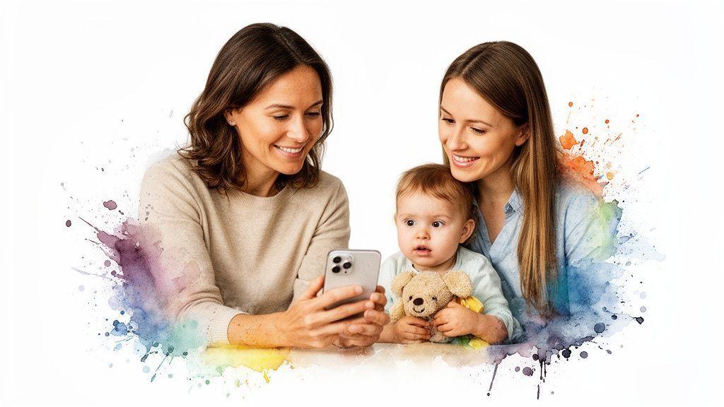 Deux femmes souriantes et un bébé regardent un smartphone, dans un cadre joyeux avec des éclaboussures d