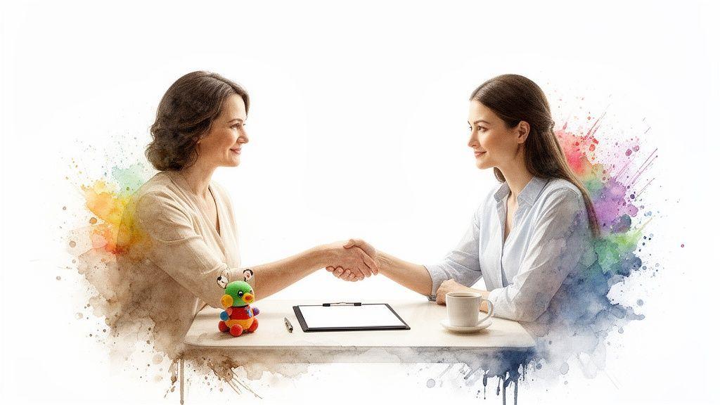 Deux femmes souriantes se serrent la main à une table, avec des éléments de puériculture et de contrat.