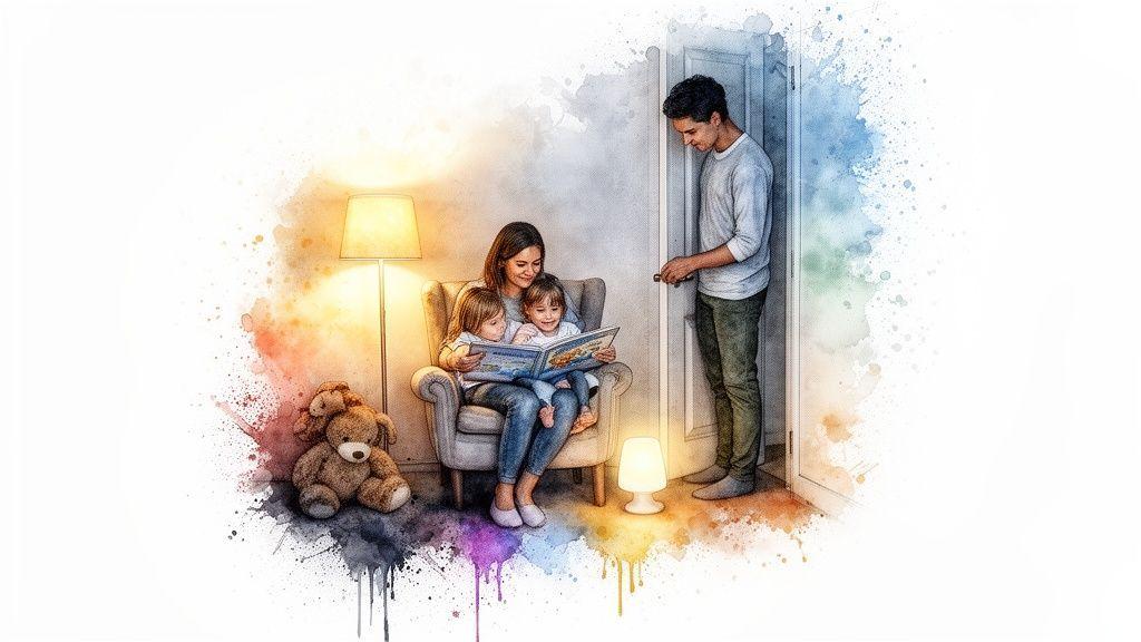 Mère lisant une histoire à deux enfants dans un fauteuil, père à la porte, ambiance chaleureuse.