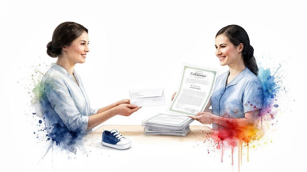 Deux femmes souriantes échangent des documents, un certificat et une enveloppe, près d
