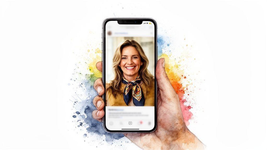 Main tenant un smartphone affichant le portrait souriant d