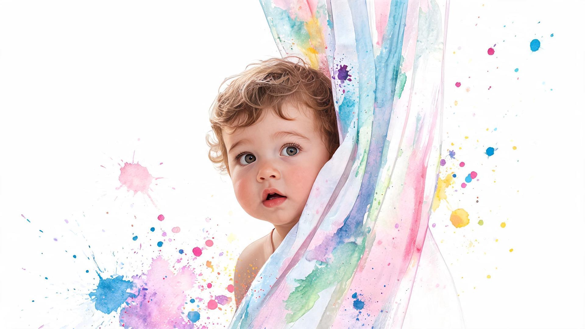 Un adorable jeune enfant aux cheveux bouclés émergeant derrière un rideau coloré avec des éclaboussures de peinture aquarelle.