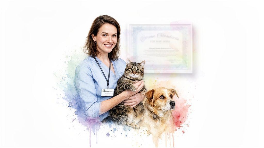 Vétérinaire souriante tenant un chat tigré et un chien, avec un certificat en arrière-plan et éclaboussures d