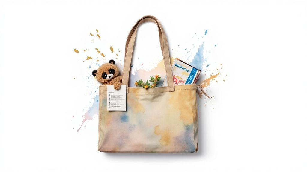 Un sac fourre-tout en toile, aux motifs aquarelle colorés, contient un doudou, des fleurs et un livre.