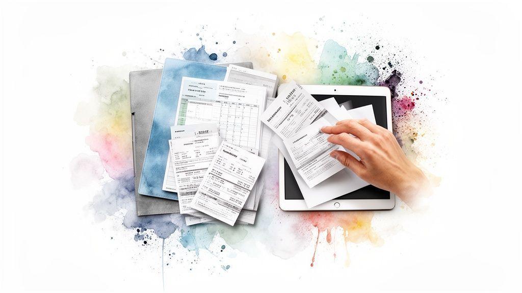 Une main organise des documents papier et des reçus sur une tablette numérique, sur fond aquarelle.