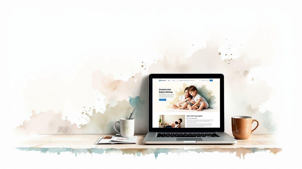 Ordinateur portable sur un bureau en bois, affichant un site web de garde d