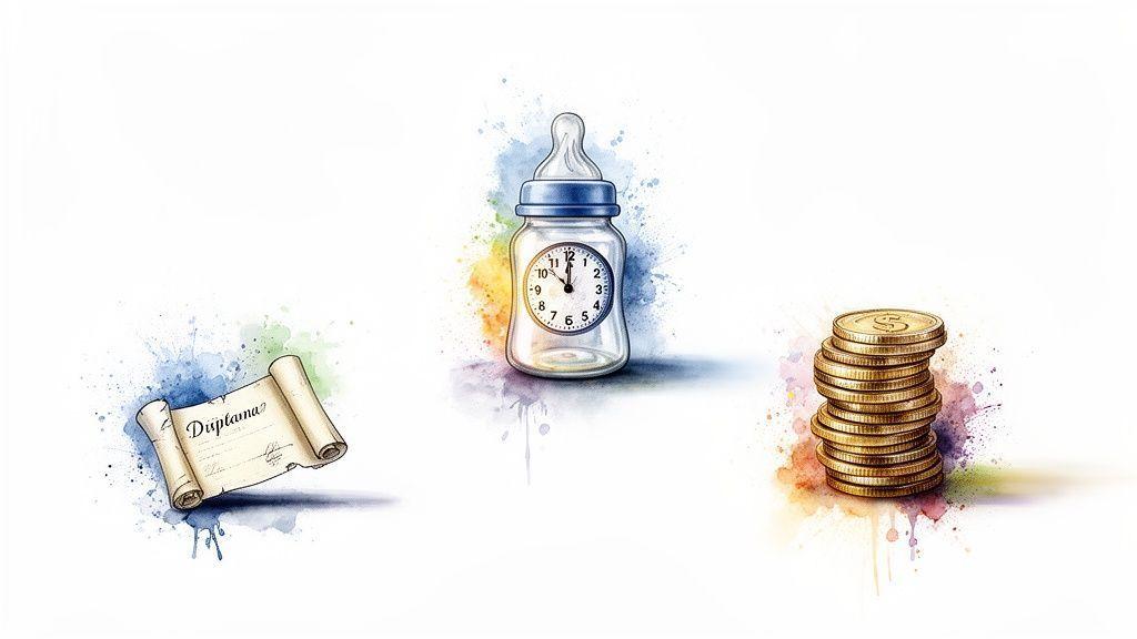 Diplôme, biberon-horloge et pièces de monnaie symbolisant l