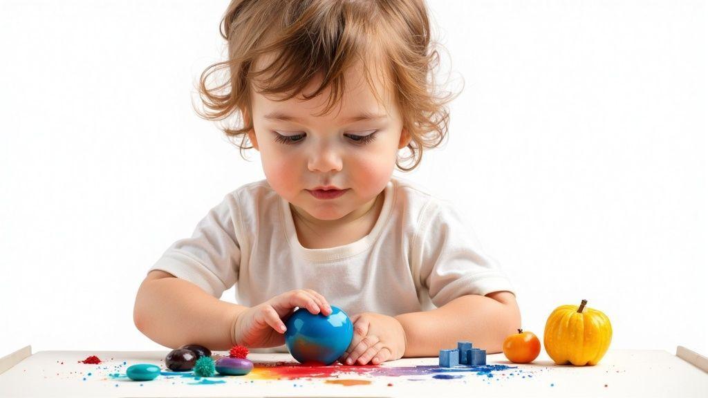 Un enfant en bas âge aux cheveux bouclés joue avec une balle bleue et des couleurs vives sur une table blanche, explorant différentes textures et formes.