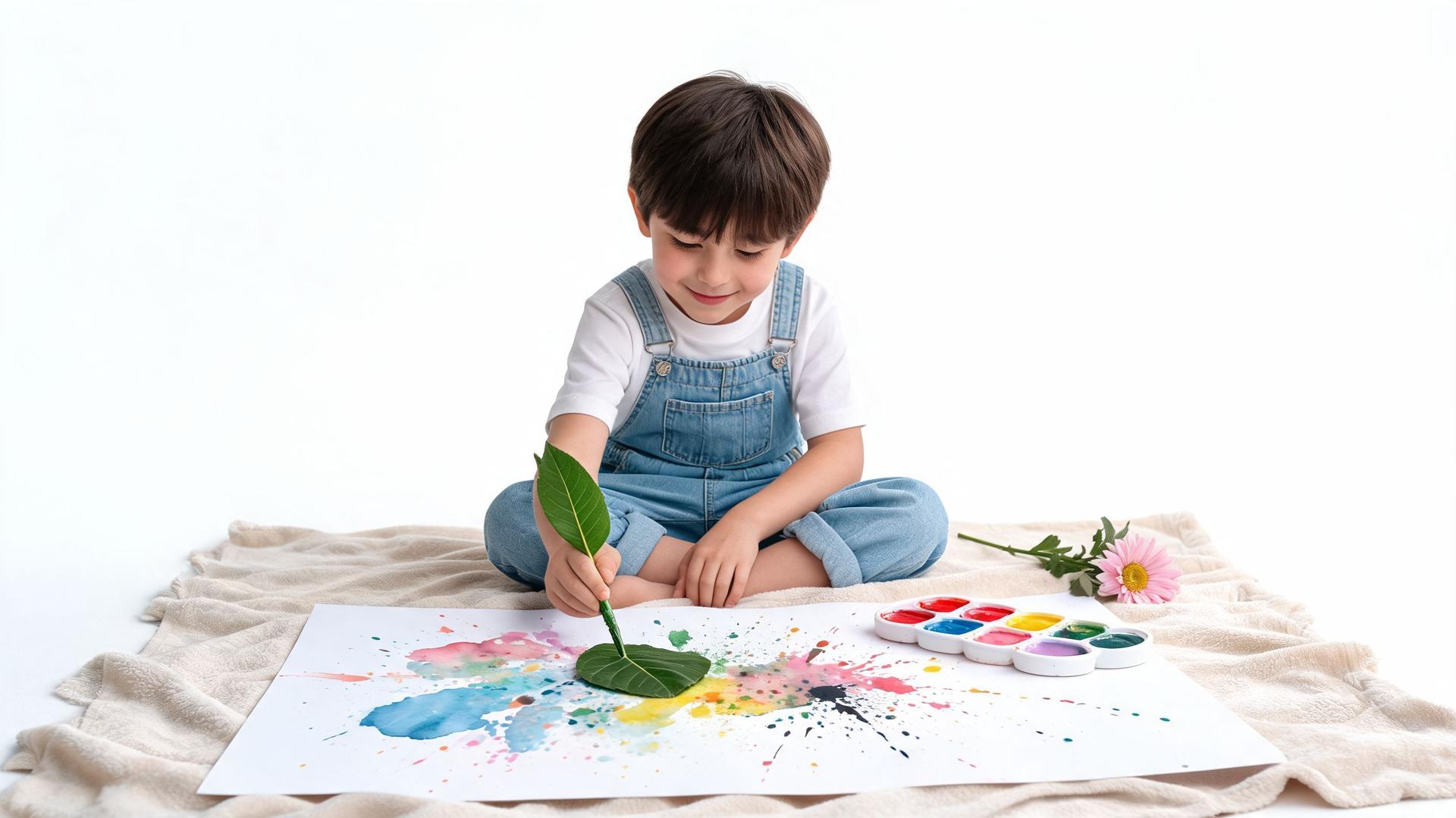 Un jeune garçon joyeux peint avec une feuille d