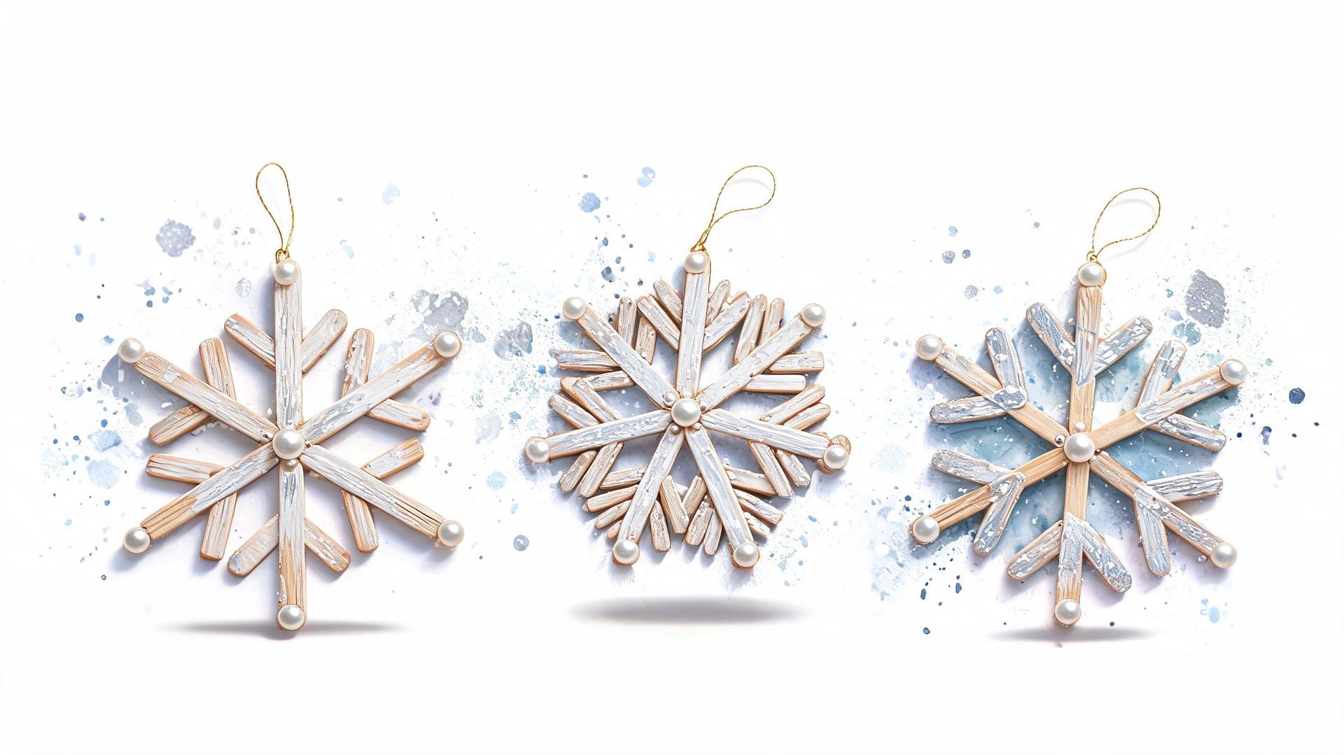 Trois flocons de neige artisanaux décoratifs fabriqués à partir de bâtonnets en bois et de perles blanches.