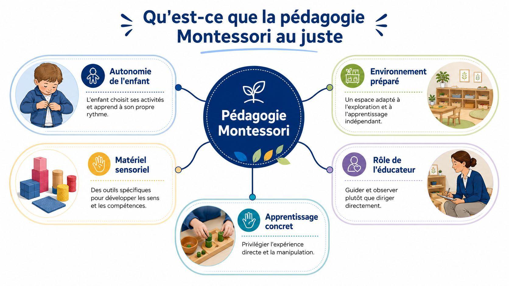 Une infographie pédagogique présentant les concepts clés de la méthode Montessori pour le développement de l'enfant.