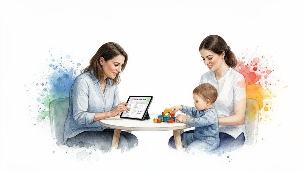 Deux femmes et un bébé à une table. L