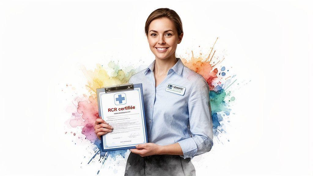 Femme souriante, professionnelle de la santé, tenant un certificat RCR sur un fond abstrait et coloré.