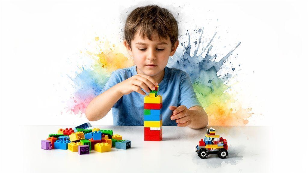 Un jeune garçon concentré construit une tour avec des blocs de construction colorés sur une table.