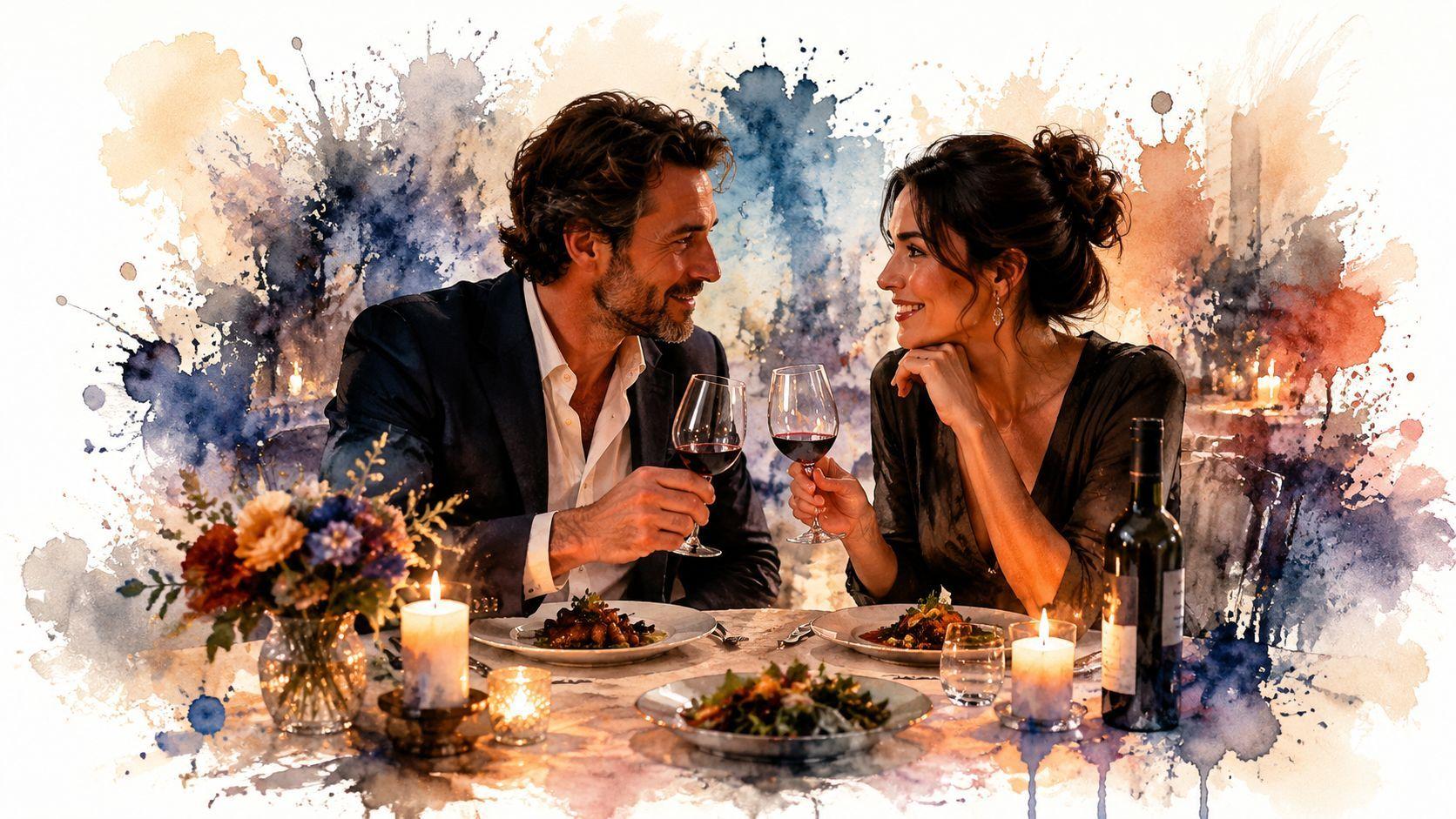 Un couple élégant partage un dîner romantique avec du vin rouge dans une ambiance chaleureuse et artistique.