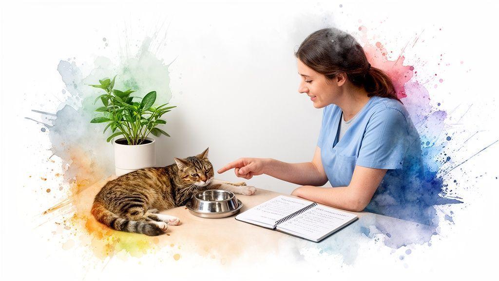 Une femme en blouse bleue interagit avec un chat tigré à côté d