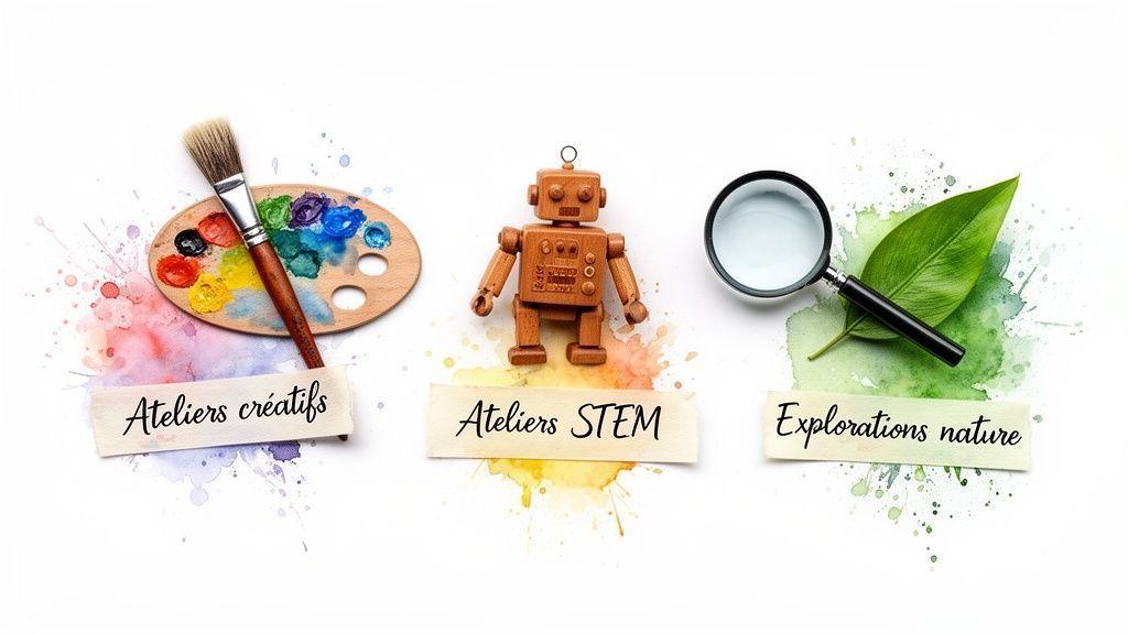Trois vignettes illustrant des activités éducatives pour enfants : créatives, STEM et explorations nature.
