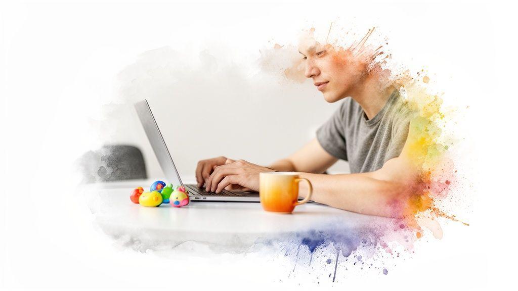 Jeune homme tape sur un ordinateur portable, avec des jouets colorés et une tasse sur une table blanche, effet aquarelle.