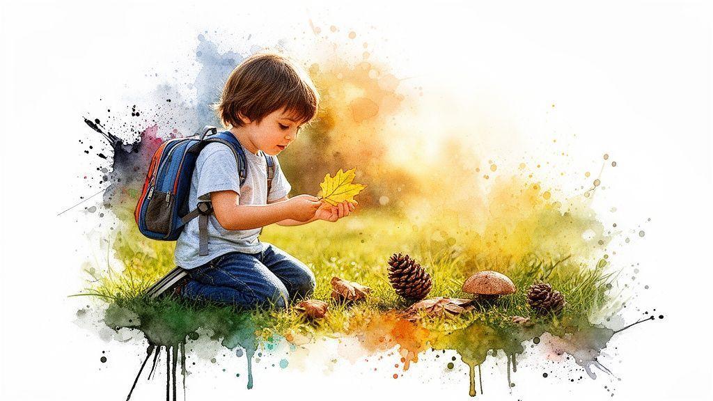 Un jeune garçon avec un sac à dos, agenouillé dans l