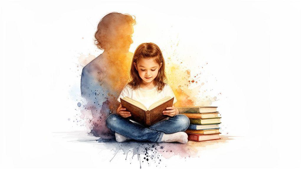 Une jeune fille lit un livre lumineux, assise les jambes croisées, avec des livres et une silhouette d