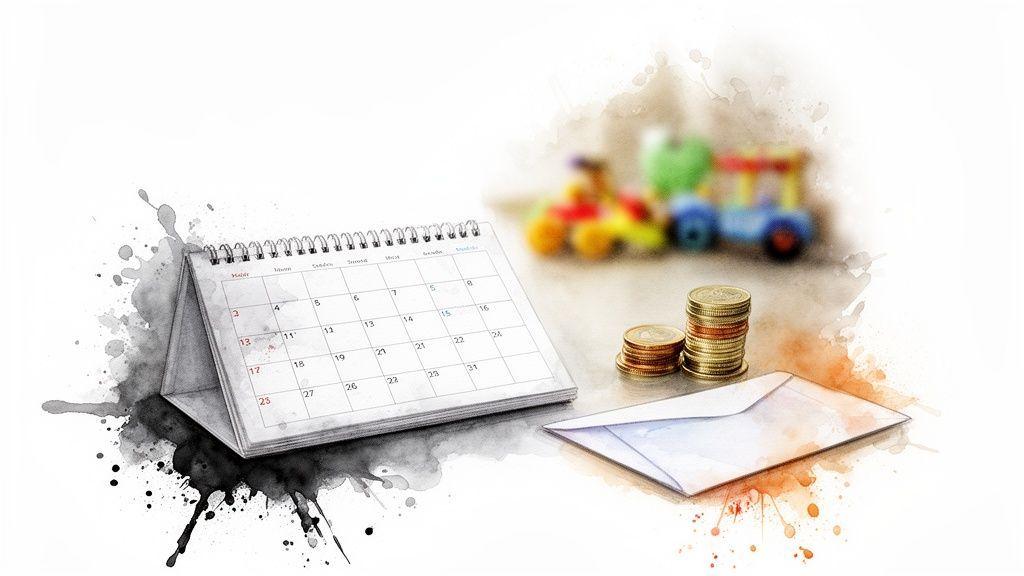 Calendrier, pièces de monnaie, enveloppe et jouets flous, symbolisant la planification financière familiale.