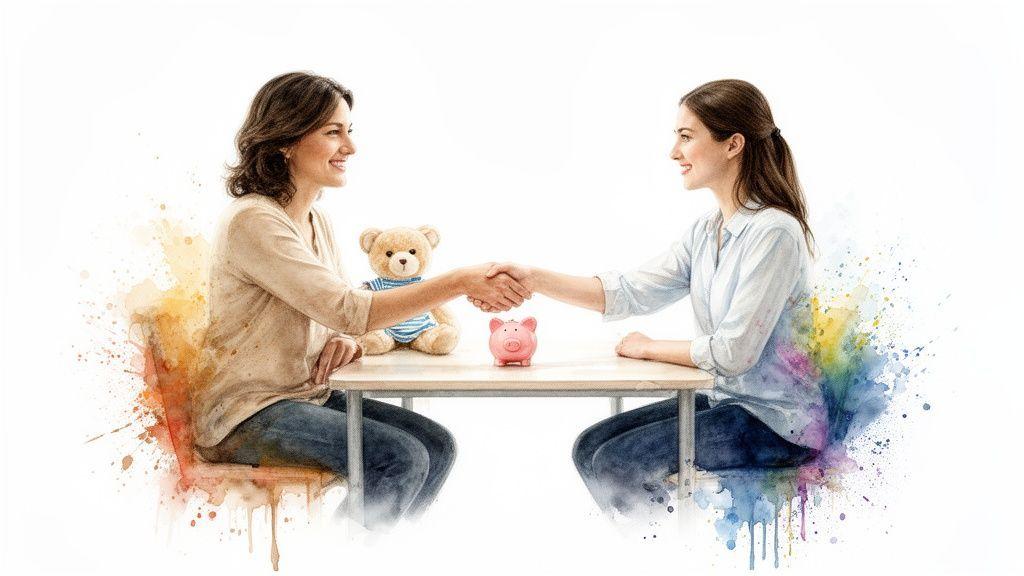 Deux femmes souriantes se serrent la main au-dessus d